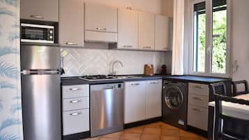Deluxe Apartment, 3 Bedrooms | Private kitchen | Fridge, microwave, stovetop, dishwasher