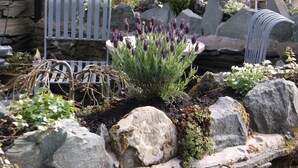 Un jardin agrémenté de diverses plantes et de rochers, un mur en pierre et des chaises en métal blanc.