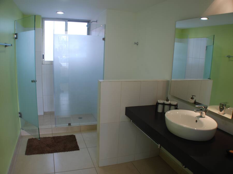 A modern bathroom with a glass shower enclosure, a white sink, and a large mirror.