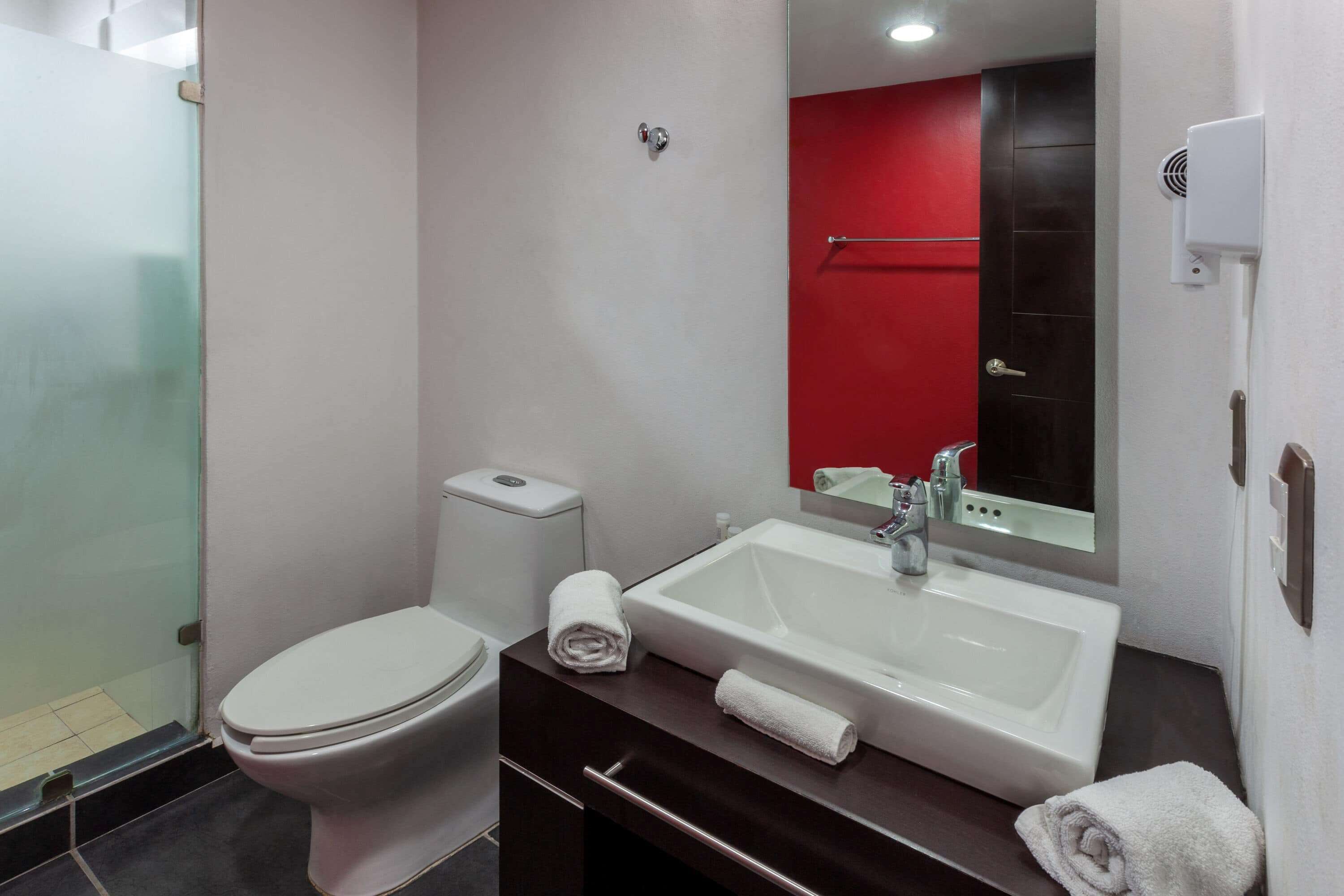 A modern bathroom with a white toilet, a sink with a mirror, and a glass shower enclosure.