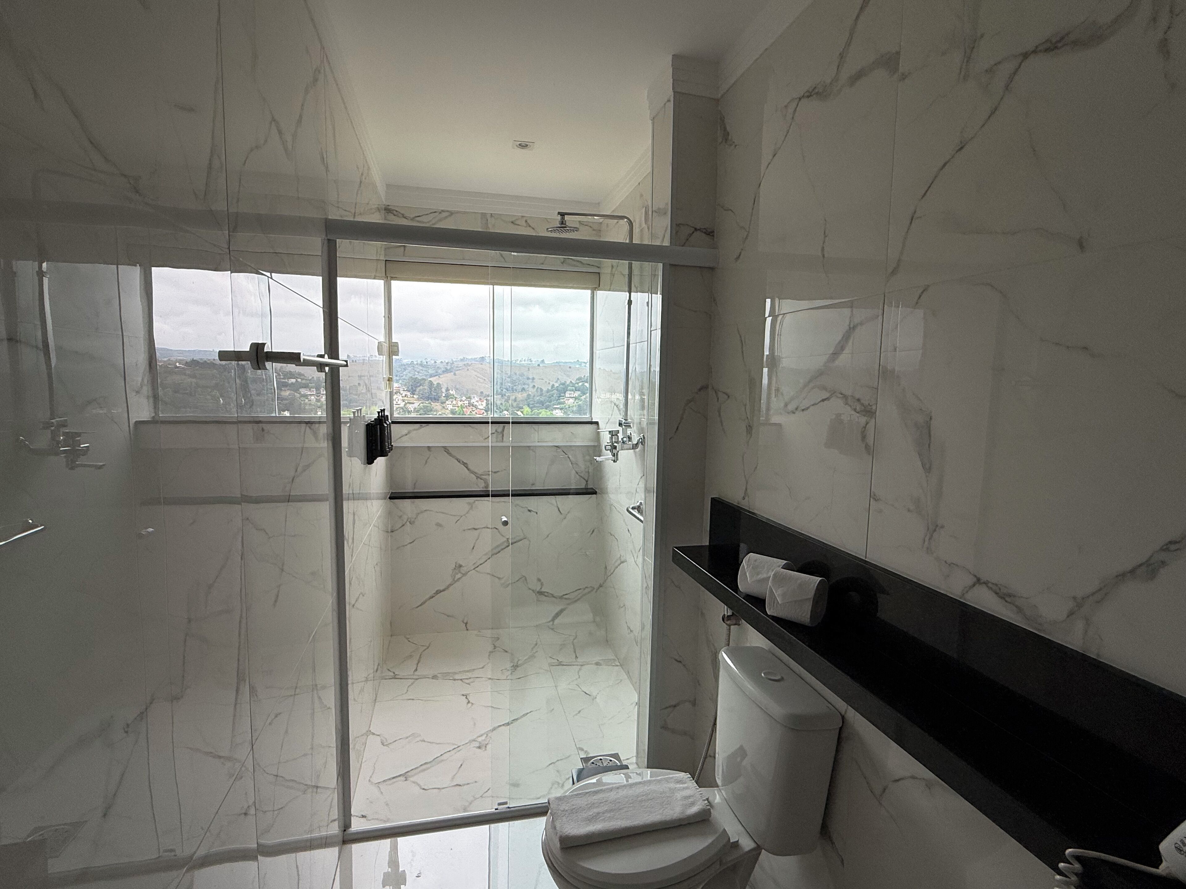 Een moderne badkamer met een douchecabine van glas, een toilet en een zwart aanrecht.