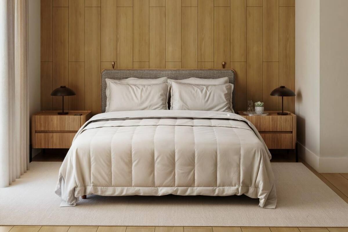 Une chambre avec un mur recouvert de panneaux de bois, un lit avec une couette blanche, deux tables de chevet avec des lampes et un appareil de climatisation fixé au mur.