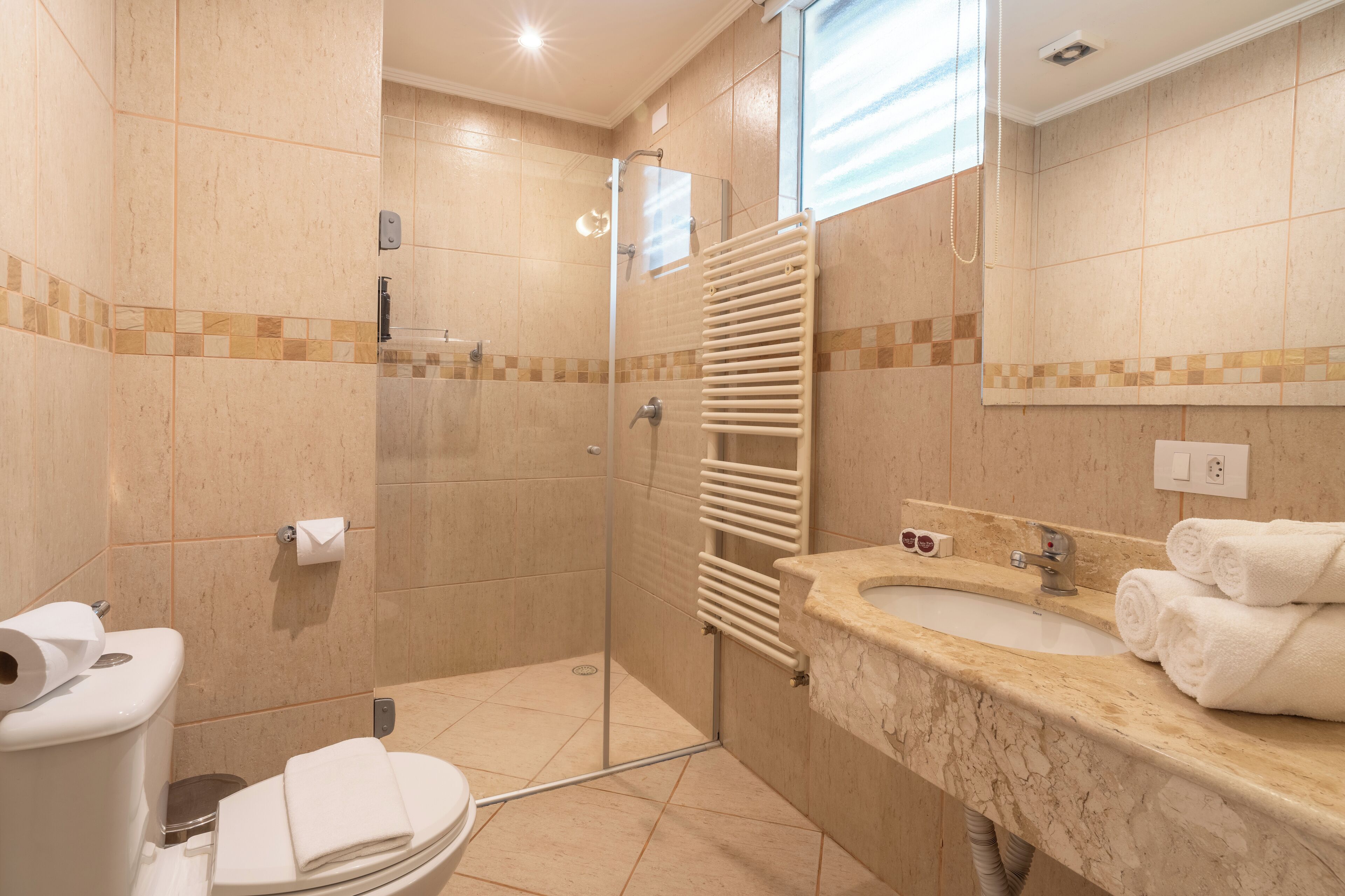 A bathroom with a glass shower enclosure, a sink with a marble countertop, and a toilet with a paper towel holder.
