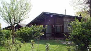 A rustic wooden house with a porch, surrounded by young trees and a grassy yard.