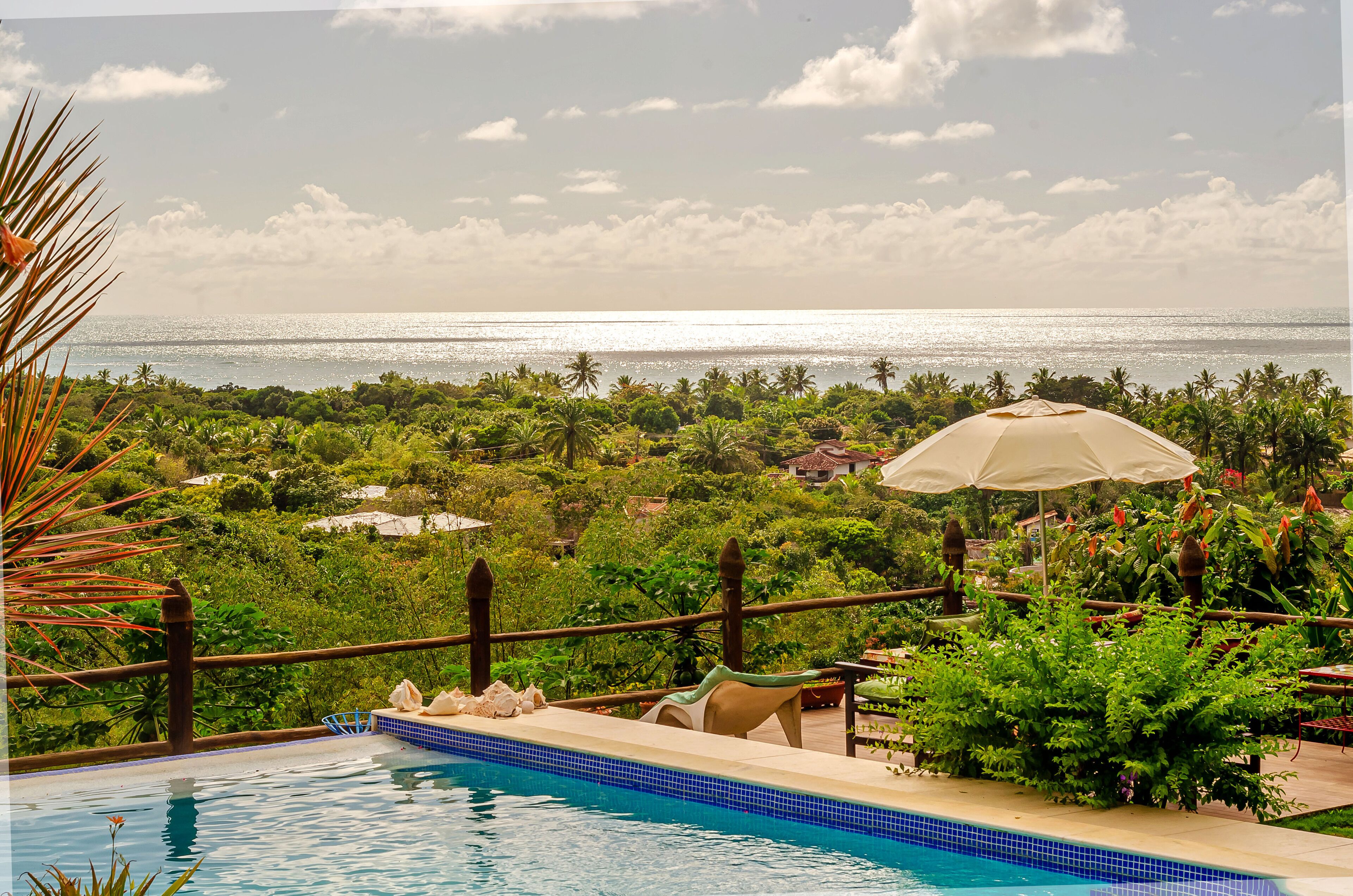 A pool with a view of the ocean, surrounded by lush greenery and palm trees.