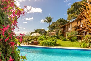 Outdoor pool, pool umbrellas, sun loungers