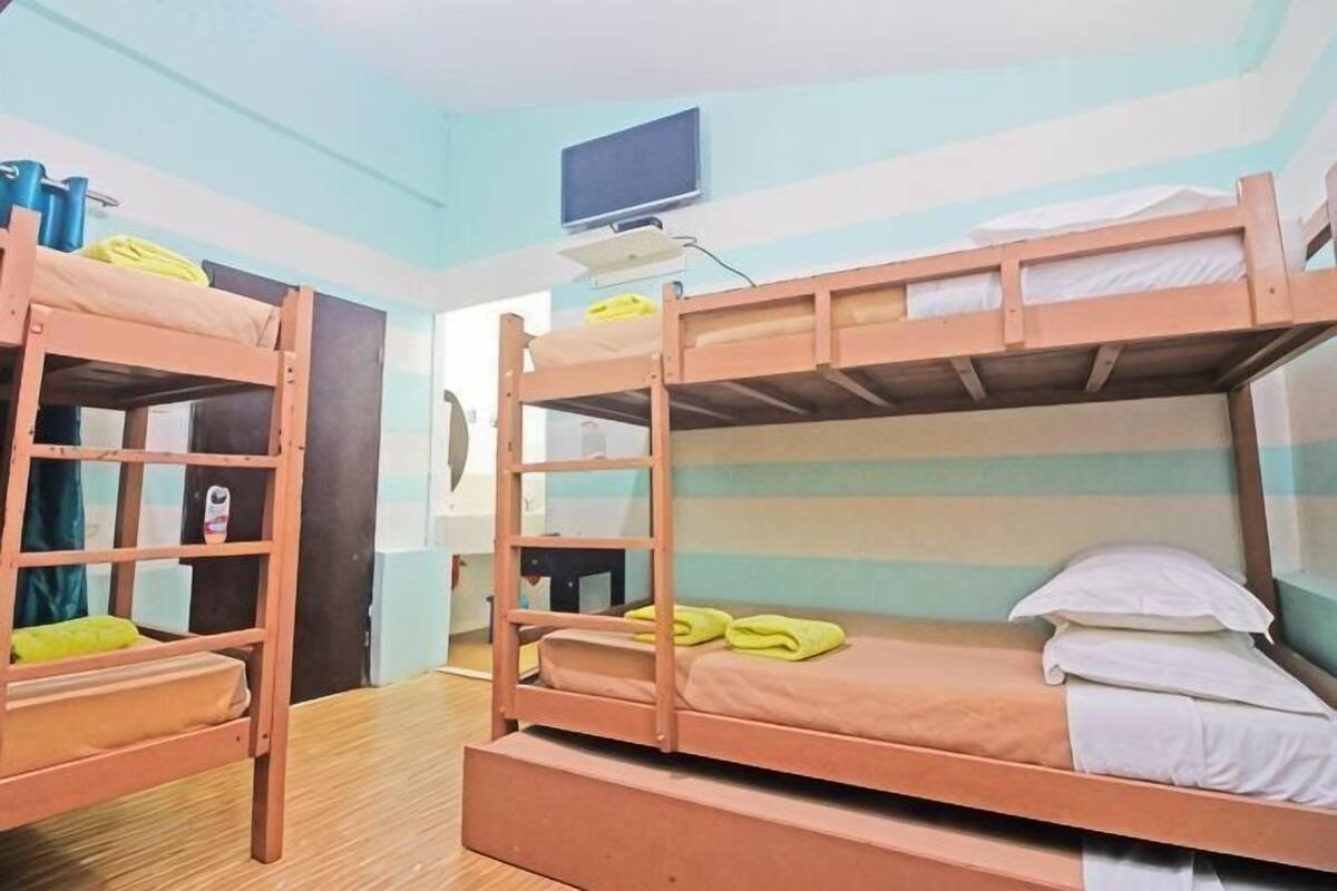 A room with bunk beds, a television, and a window.