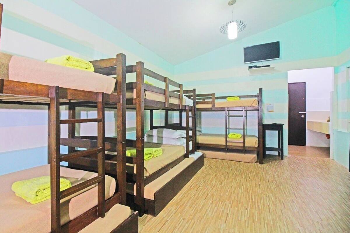A dormitory room with bunk beds, a television, and a door.