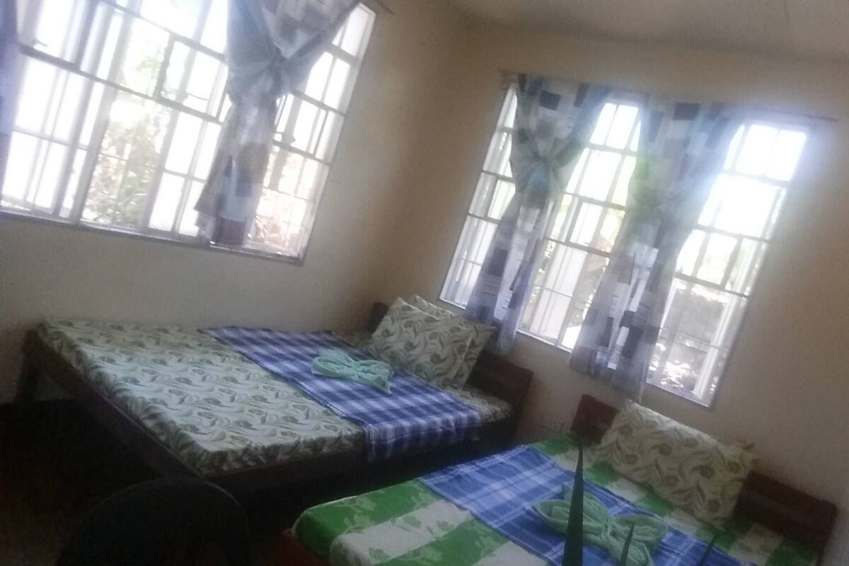 A room with two beds, each with patterned bedding. There are windows with curtains, and the room has a simple, functional design.
