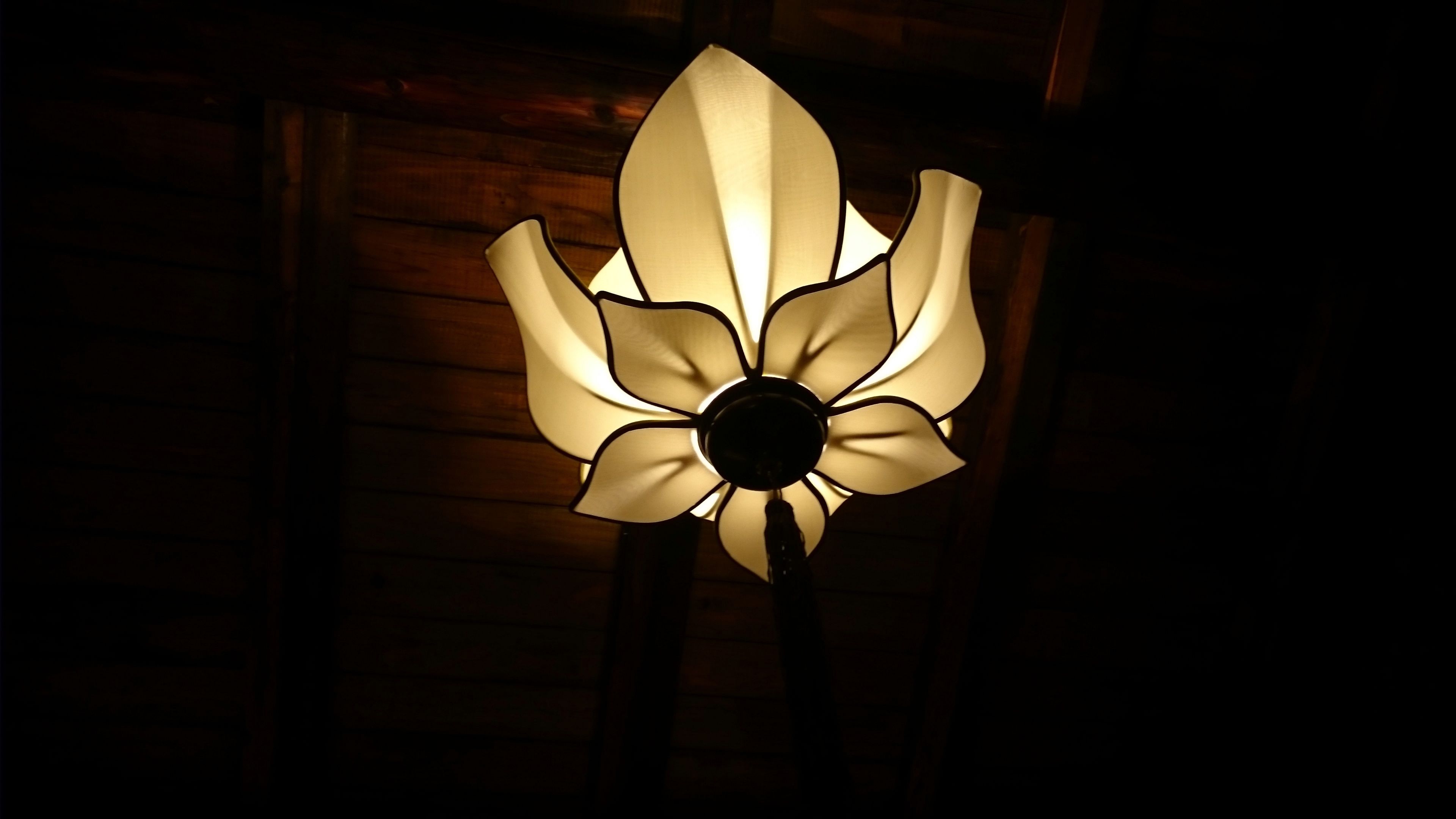 A lamp with a floral design against a wooden background.