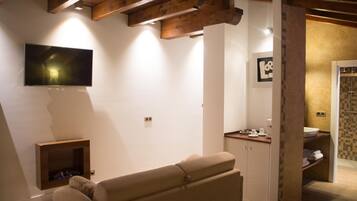Una sala de estar moderna con televisor de pantalla plana, chimenea empotrada, sofá y una pequeña área de cocina con lavaplatos y encimera.