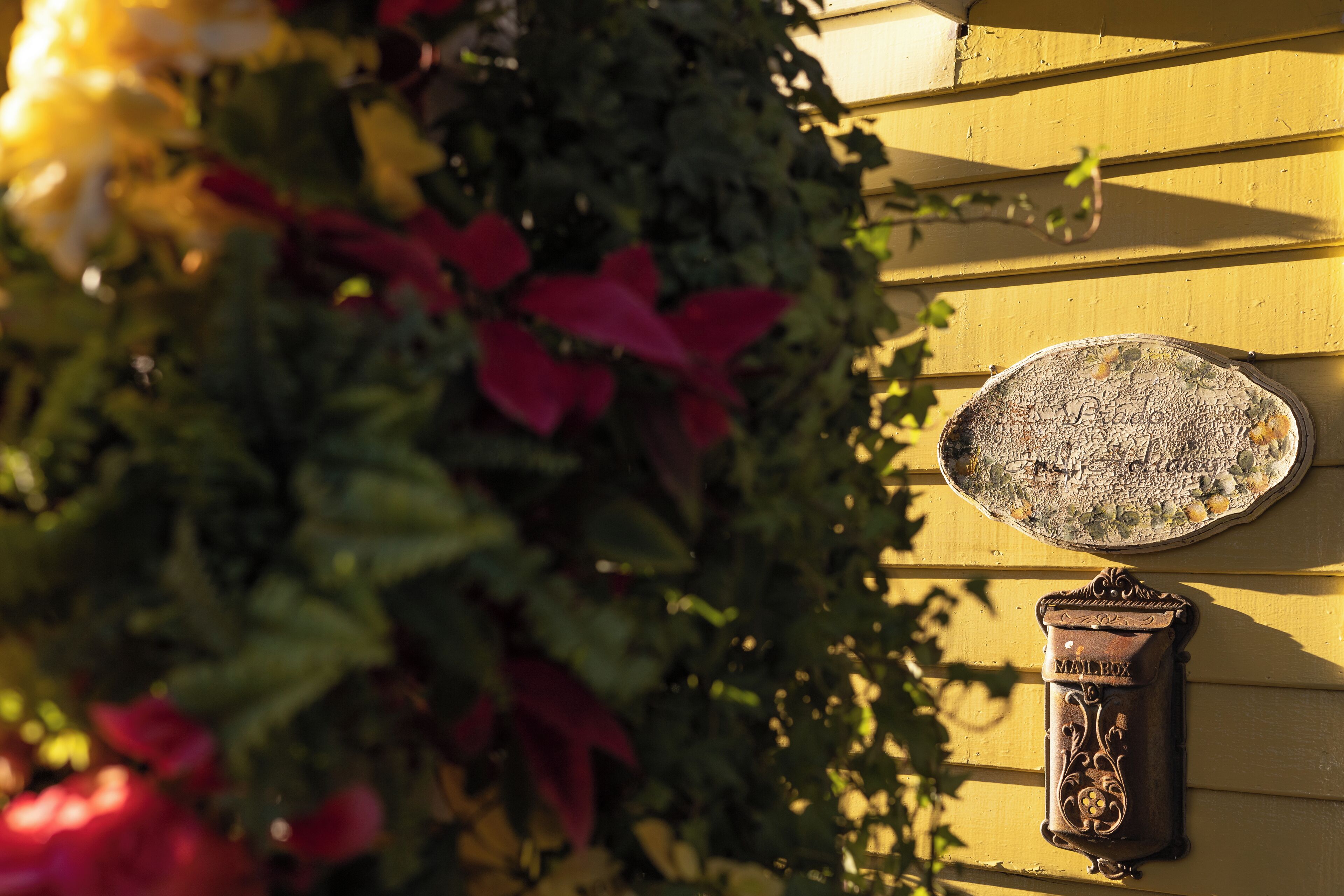 Une boîte aux lettres fixée à un immeuble jaune, avec une plaque décorative au-dessus.