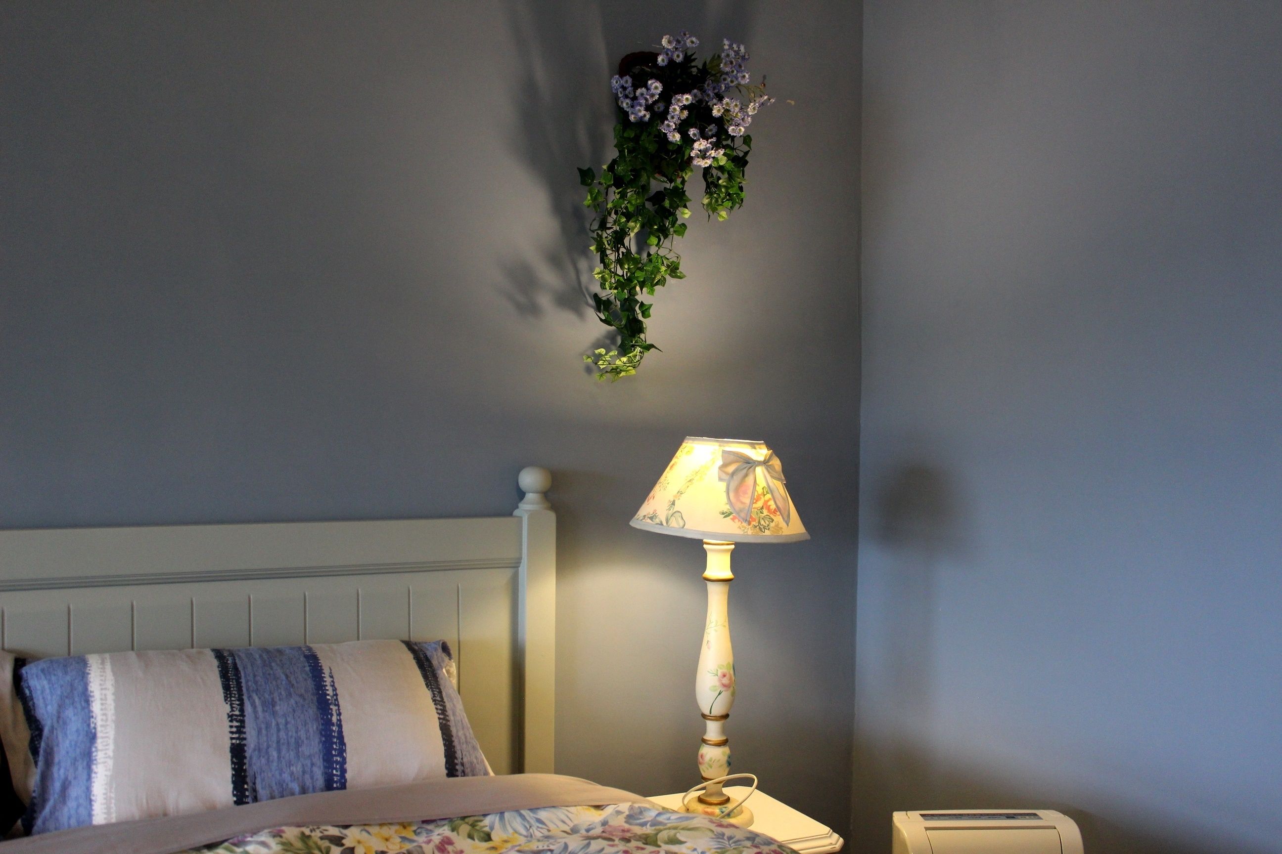 A bedroom with a bed, a bedside lamp, and a hanging plant.
