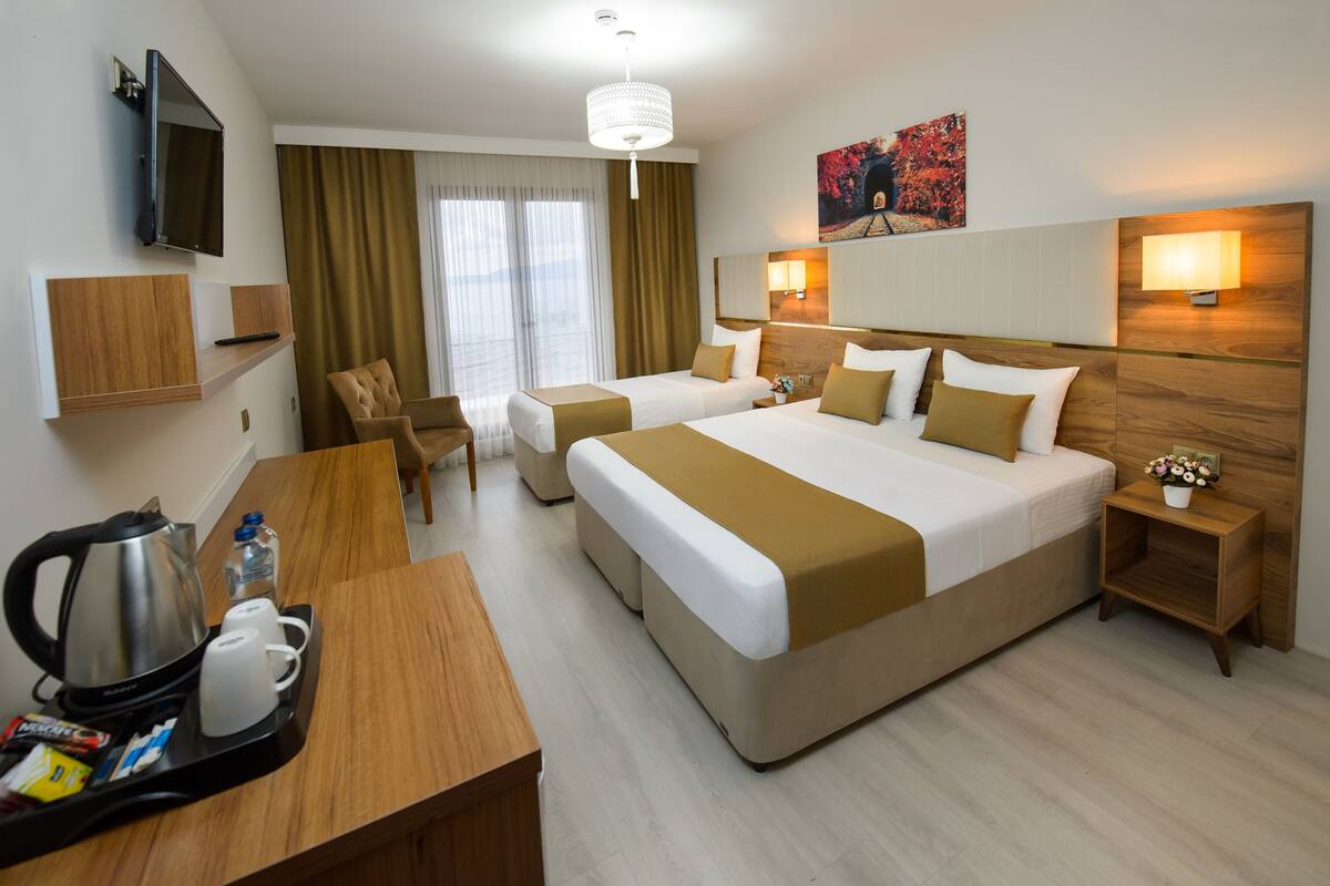 A hotel room with two beds, a desk with a coffee maker, a TV, and a painting on the wall.