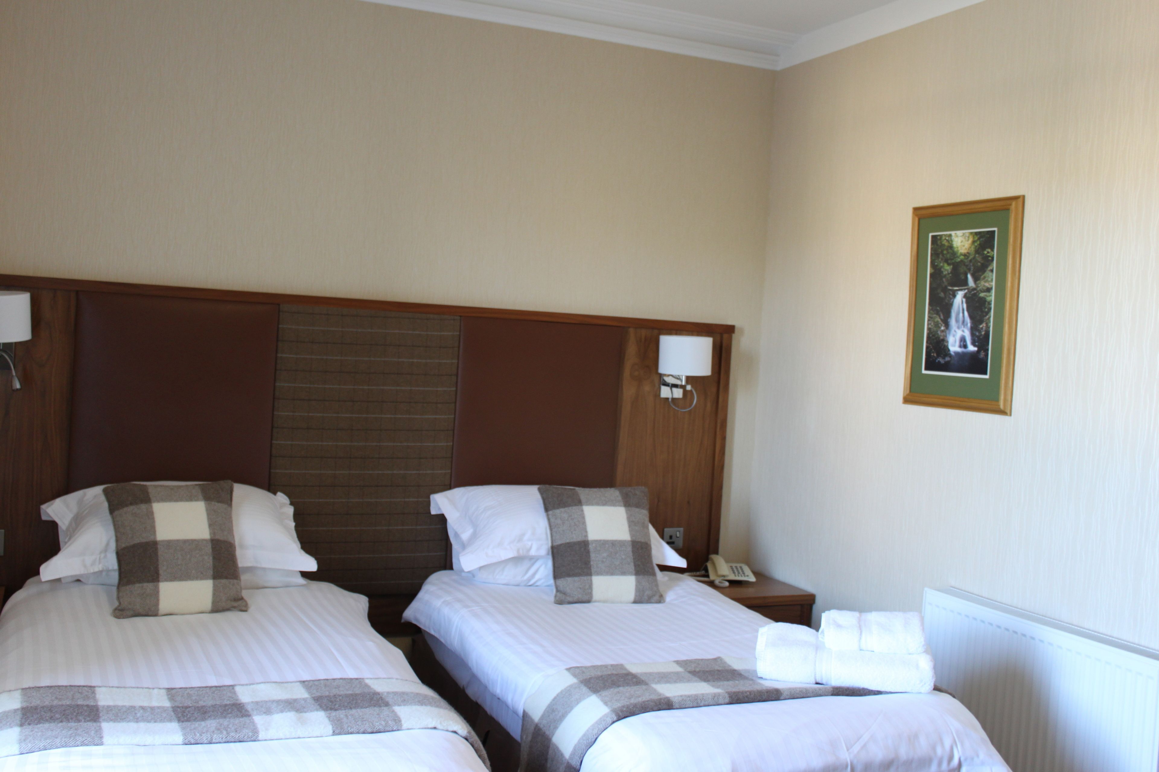 A hotel room with two beds, each with a checkered blanket and pillows, a wooden headboard, bedside lamps, a telephone, and a framed picture on the wall.