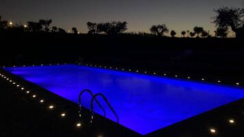 Seasonal outdoor pool, open 10:00 AM to 8:00 PM, pool umbrellas