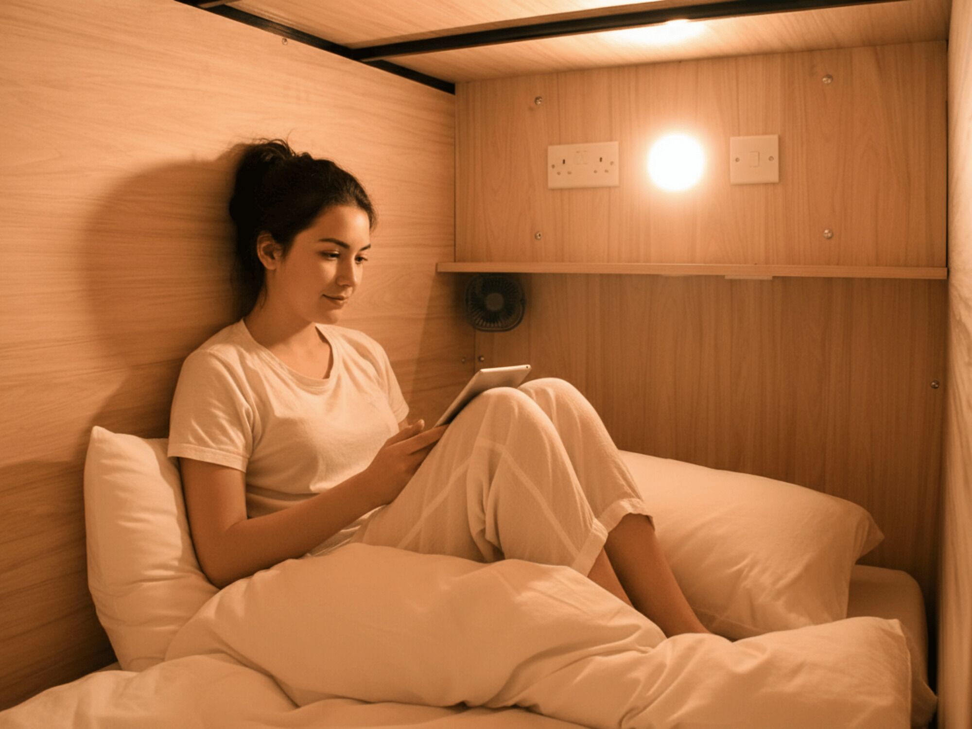 A person sitting on a bed in a room with wooden walls and a ceiling fan.