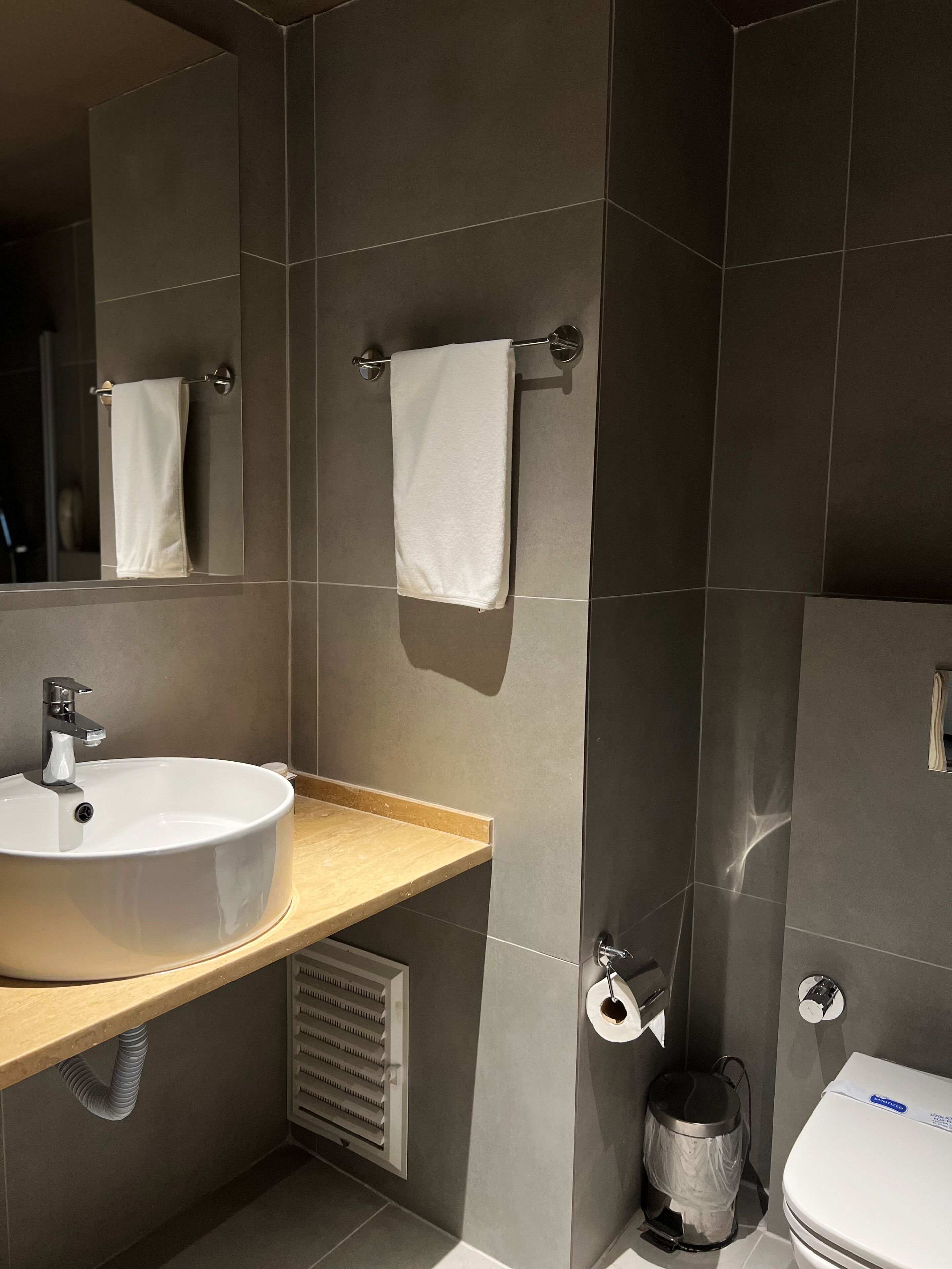 Un baño moderno con lavamanos, toallero, inodoro y un cubo de basura.