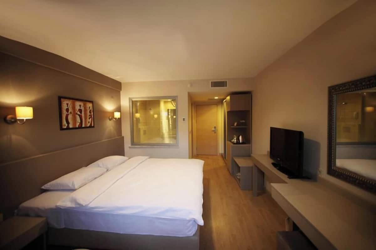 Une chambre d’hôtel comprenant un lit, des lampes de chevet, une télévision, un miroir et une porte donnant accès à une salle de bain.