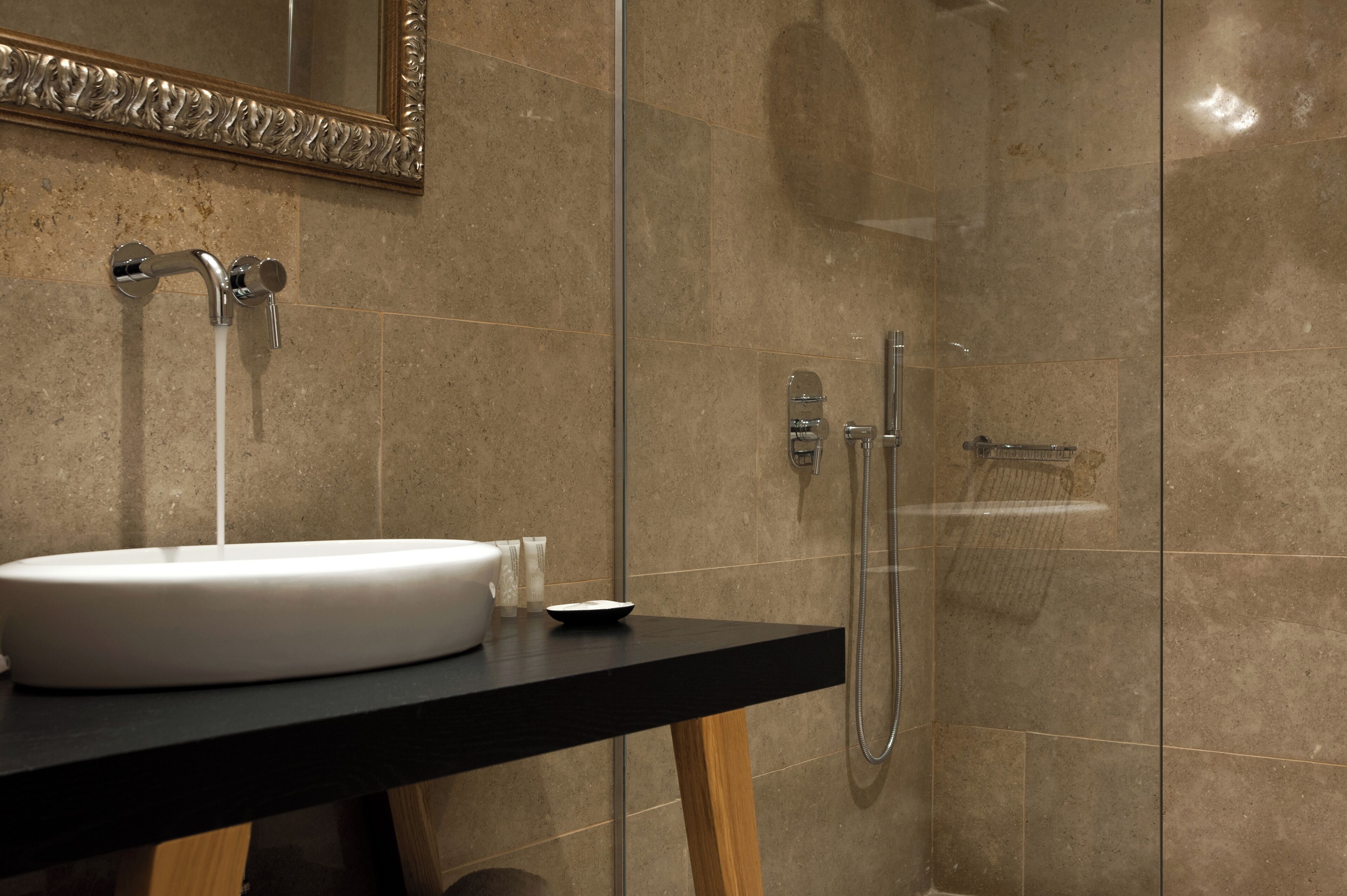 shower, rainfall showerhead, designer toiletries, hair dryer