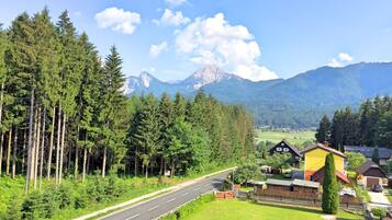 Carretera que conduce a una zona rural con casas y una cadena montañosa al fondo.