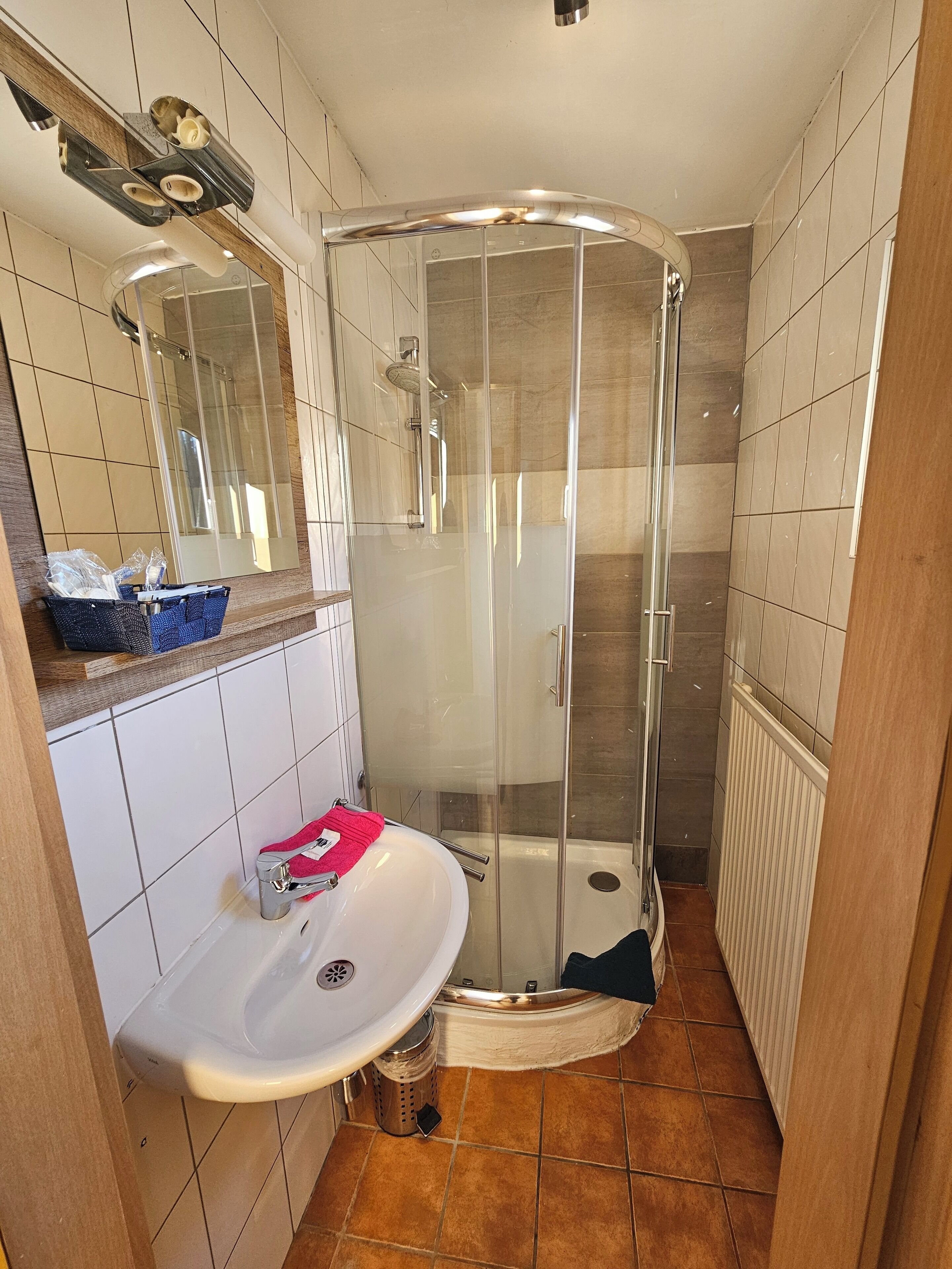 Un baño con ducha envuelta en vidrio, un lavamanos blanco y un espejo sobre él.