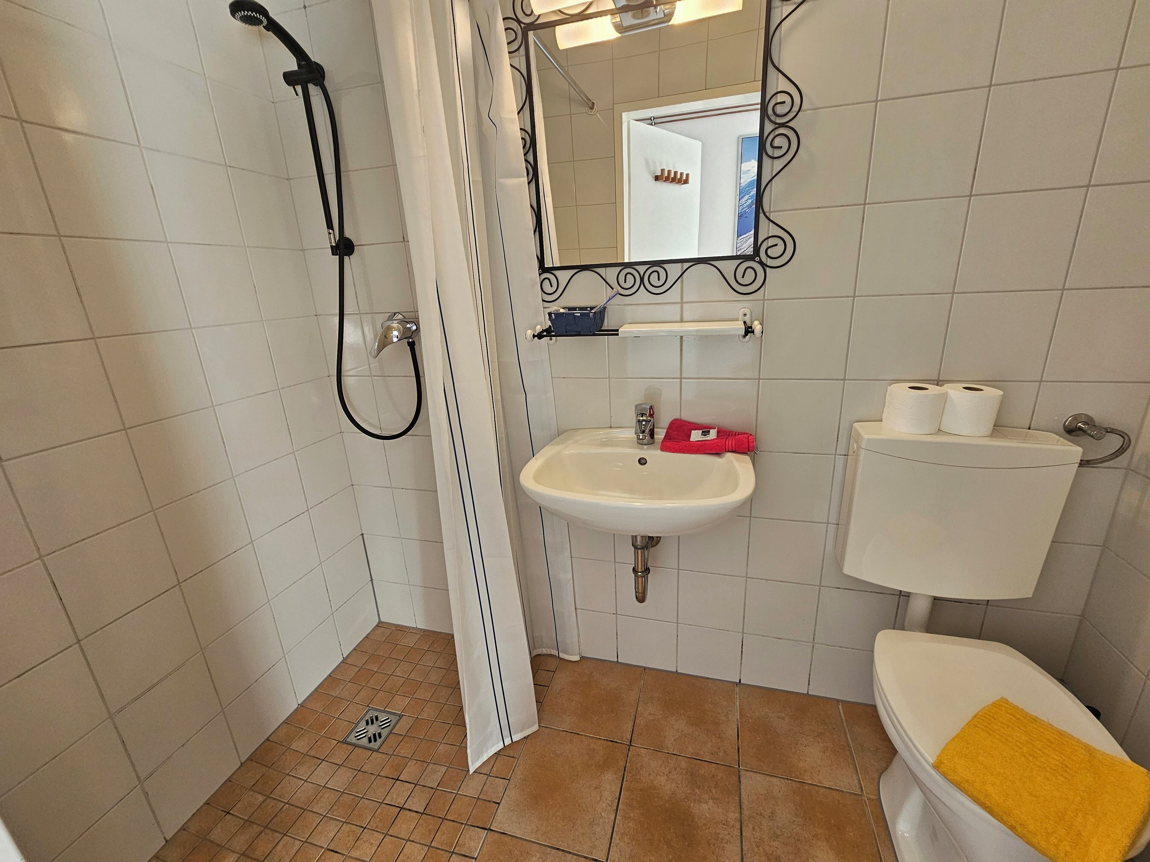 A bathroom with a shower, sink, toilet, and a mirror.