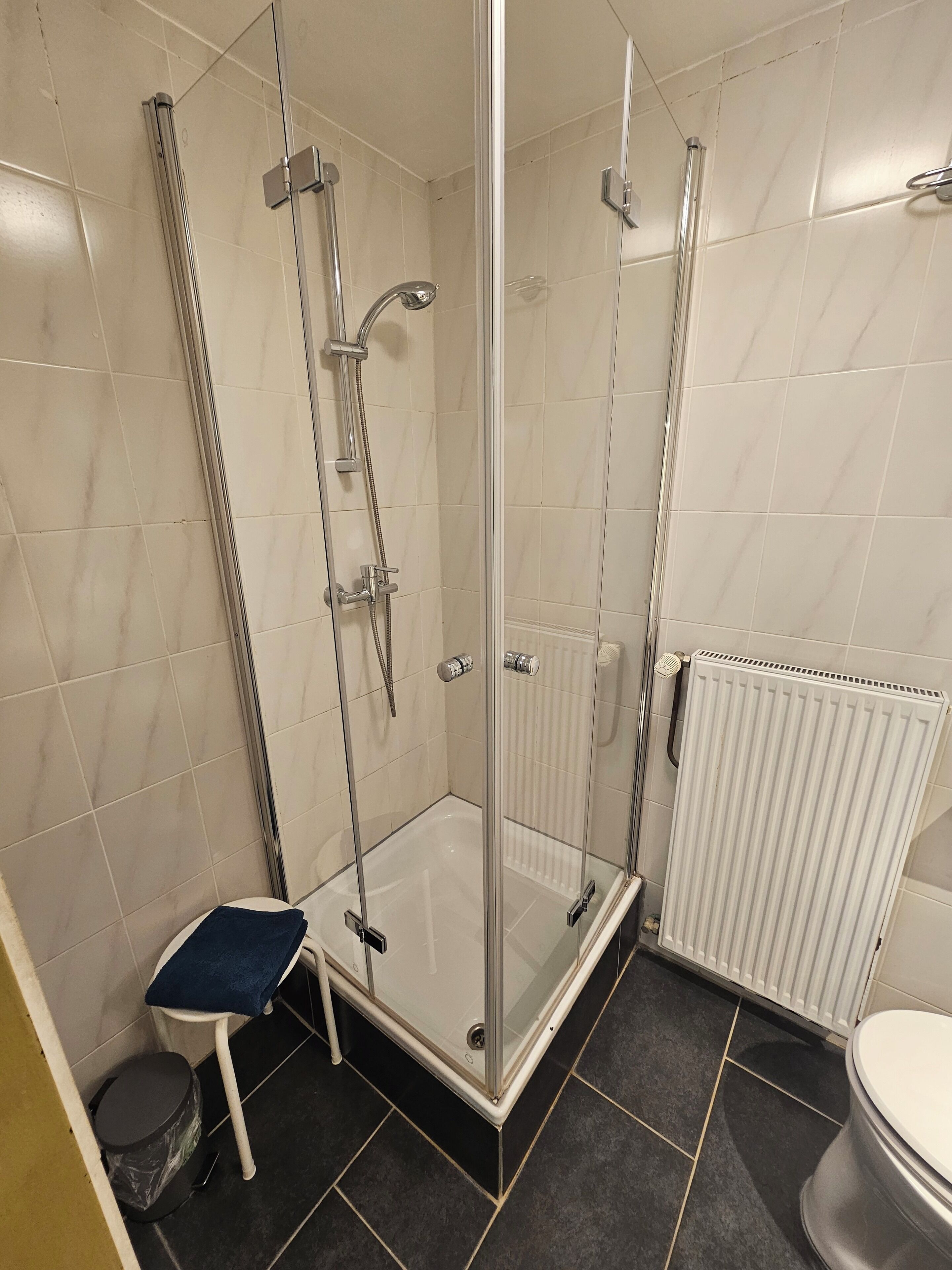 Een douche met glazen wanden, een witte betegelde muur, een klein krukje en een radiator.