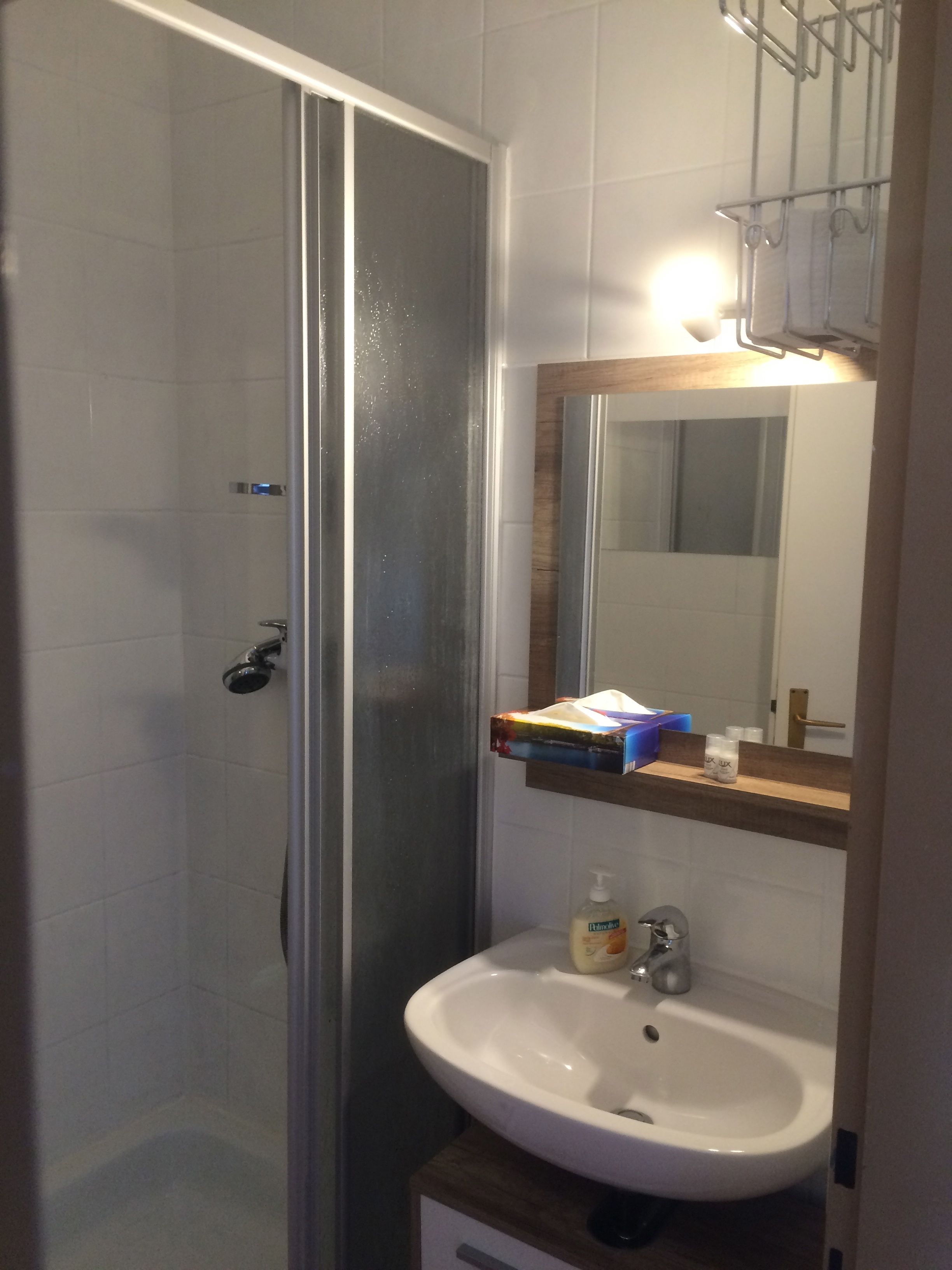 A bathroom with a glass shower enclosure, a white sink, and a mirror above the sink.
