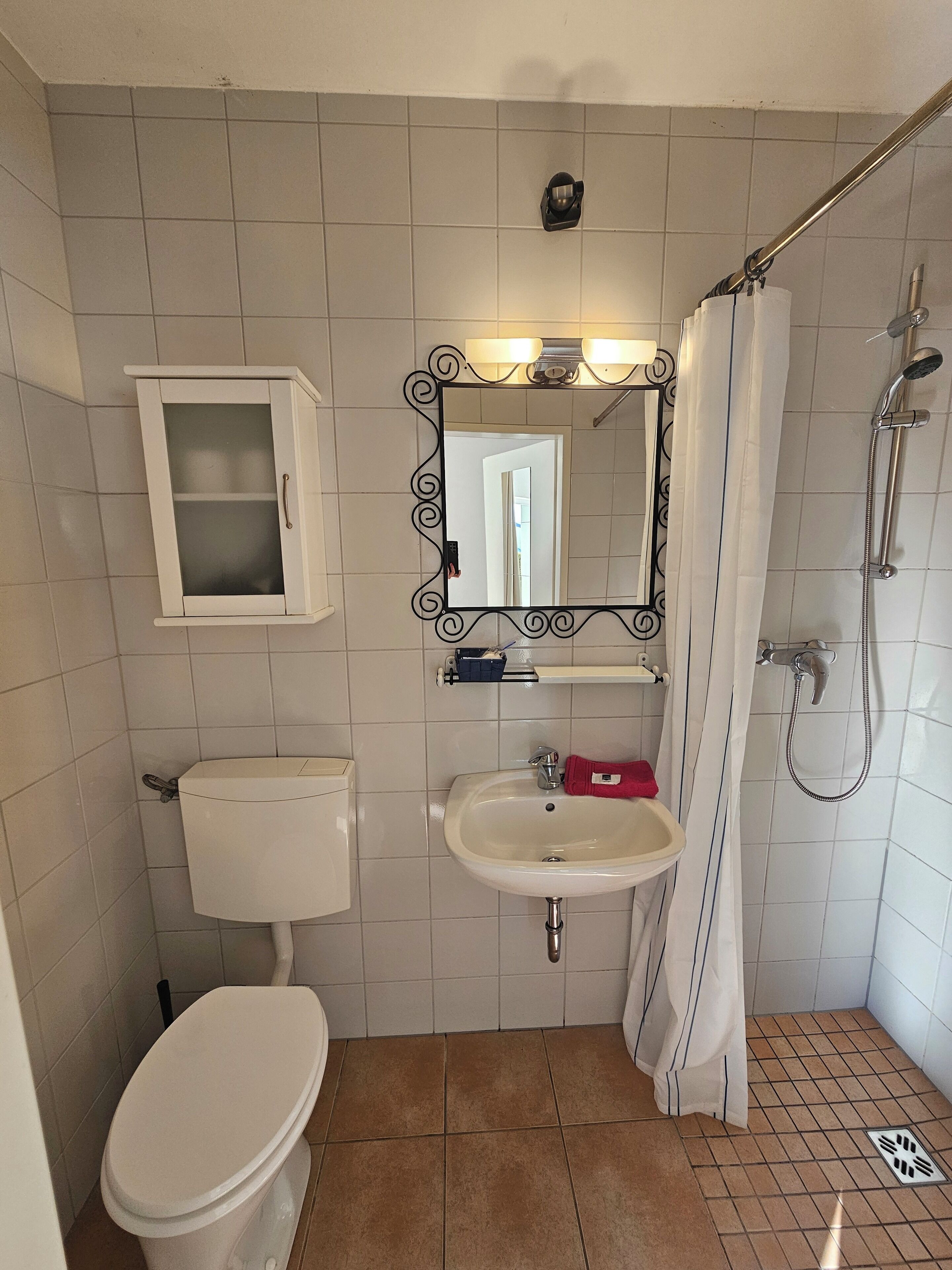Un baño con inodoro, lavamanos, espejo y ducha.