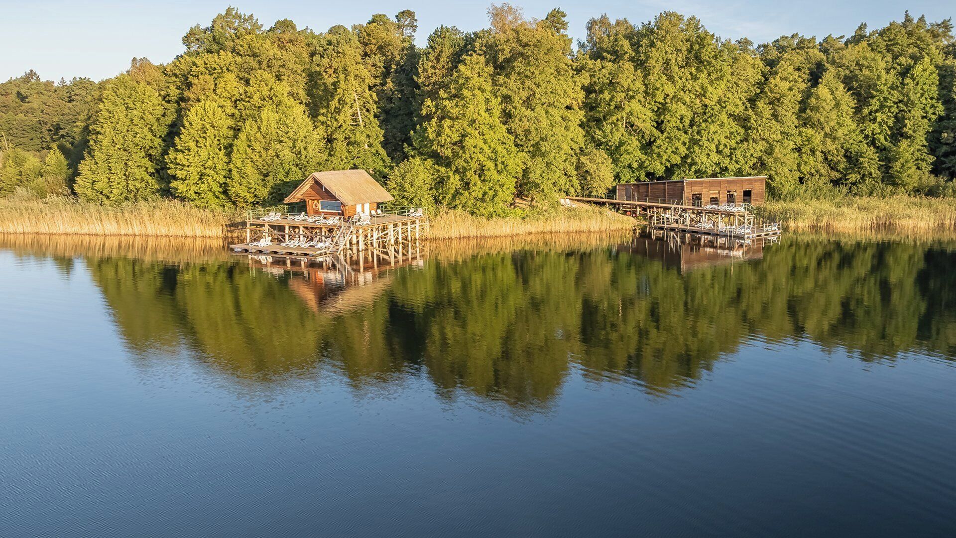 Una cabaña junto al lago con muelle y un bote, rodeada de un bosque frondoso.