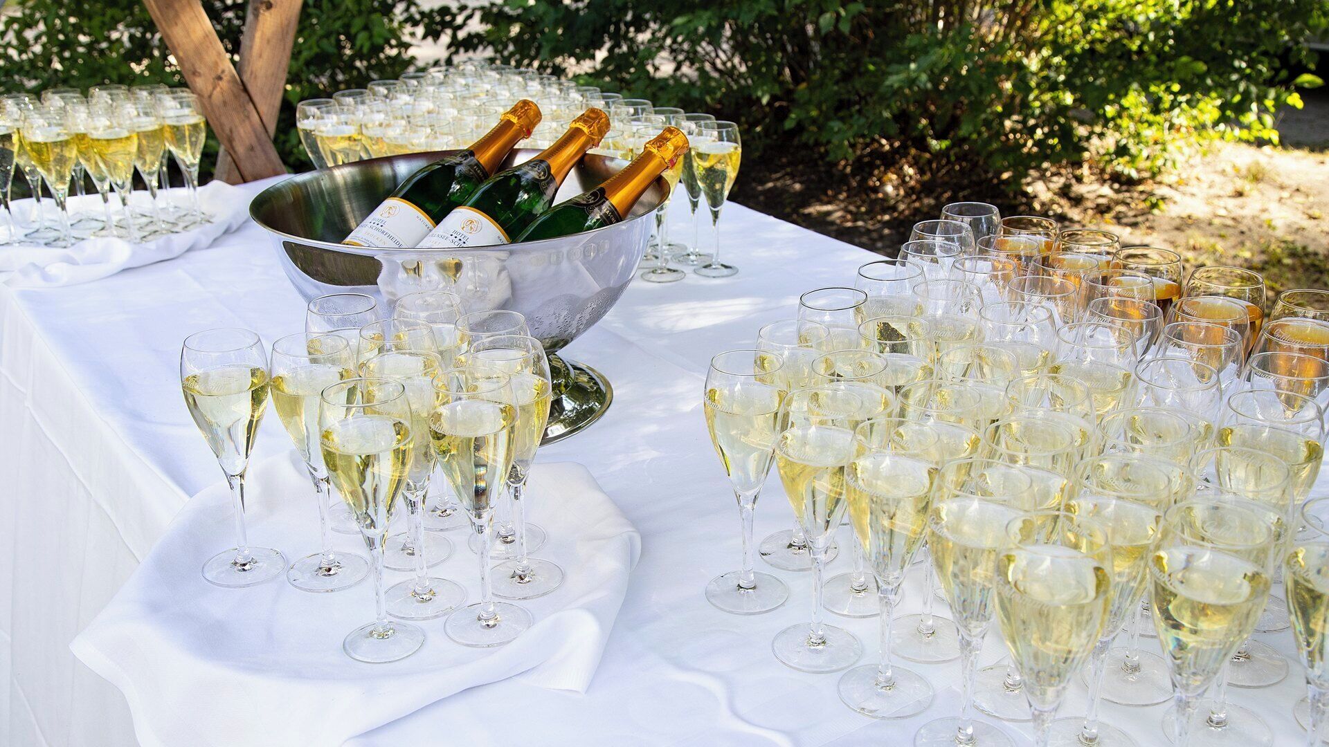 Ein Tisch ist mit mehreren Champagnergläsern und einem Eimer Champagnerflaschen gedeckt.