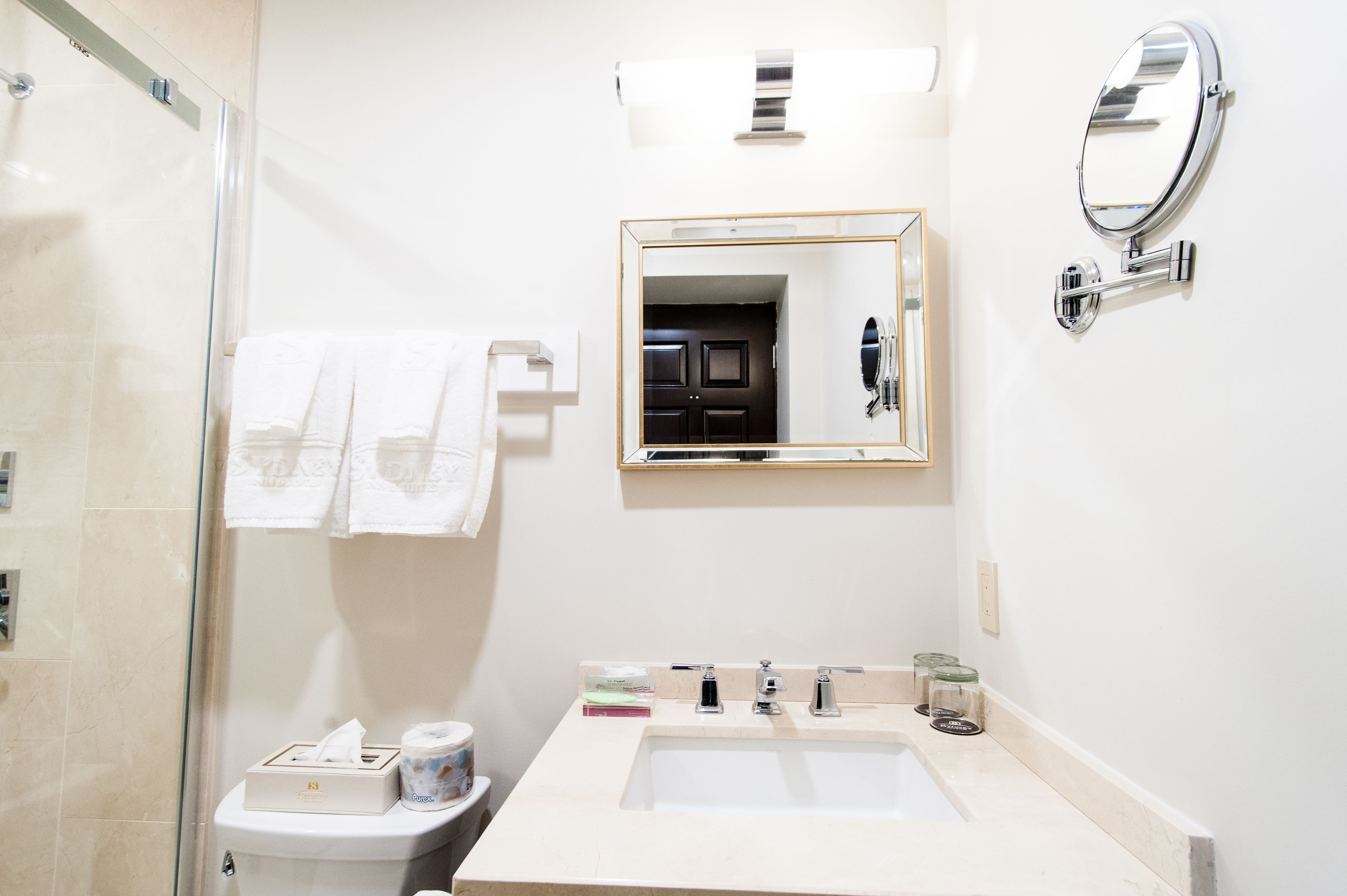 A bathroom with a glass shower, a toilet, a sink with a mirror, and a towel rack.