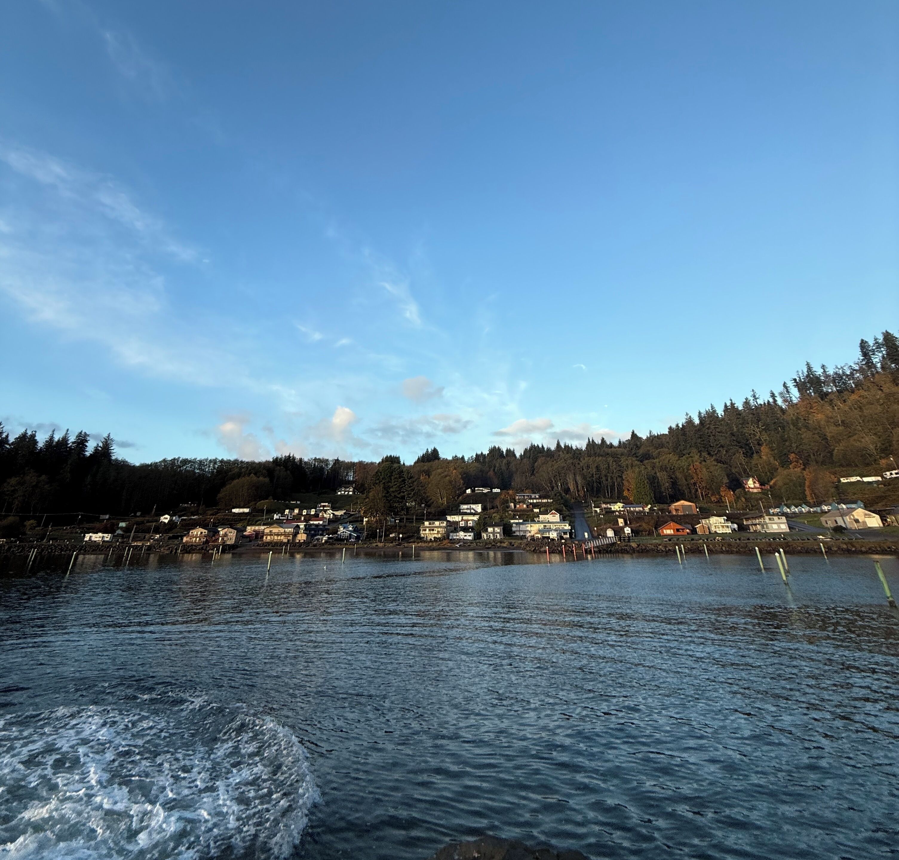 A waterfront view with houses along the shore, a clear sky, and calm water.