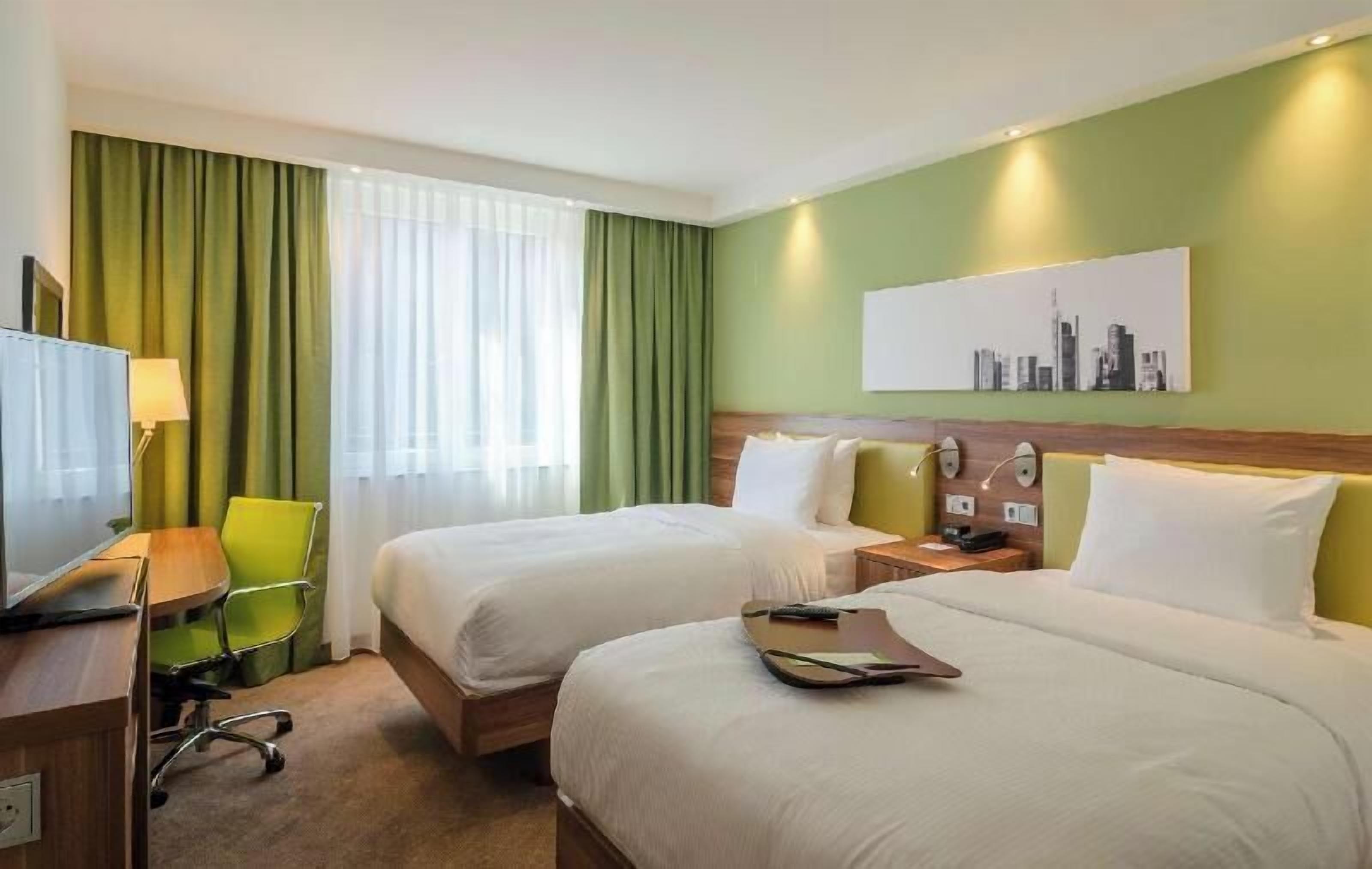 Hypo-allergenic bedding, in-room safe, desk, soundproofing