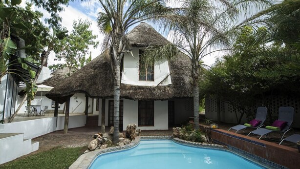 A poolside area with a thatched-roof house, lounge chairs, and a small pool.