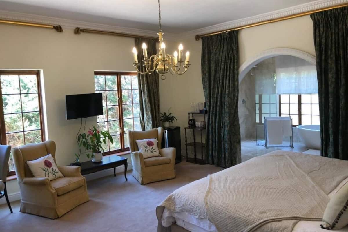 Een ruime slaapkamer met een groot bed, twee fauteuils, een televisie en uitzicht op een tuin door de ramen.
