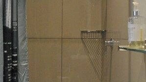 Ein Badezimmer mit Dusche, einer Glasablage für Toilettenartikel und einem Handtuchhalter.