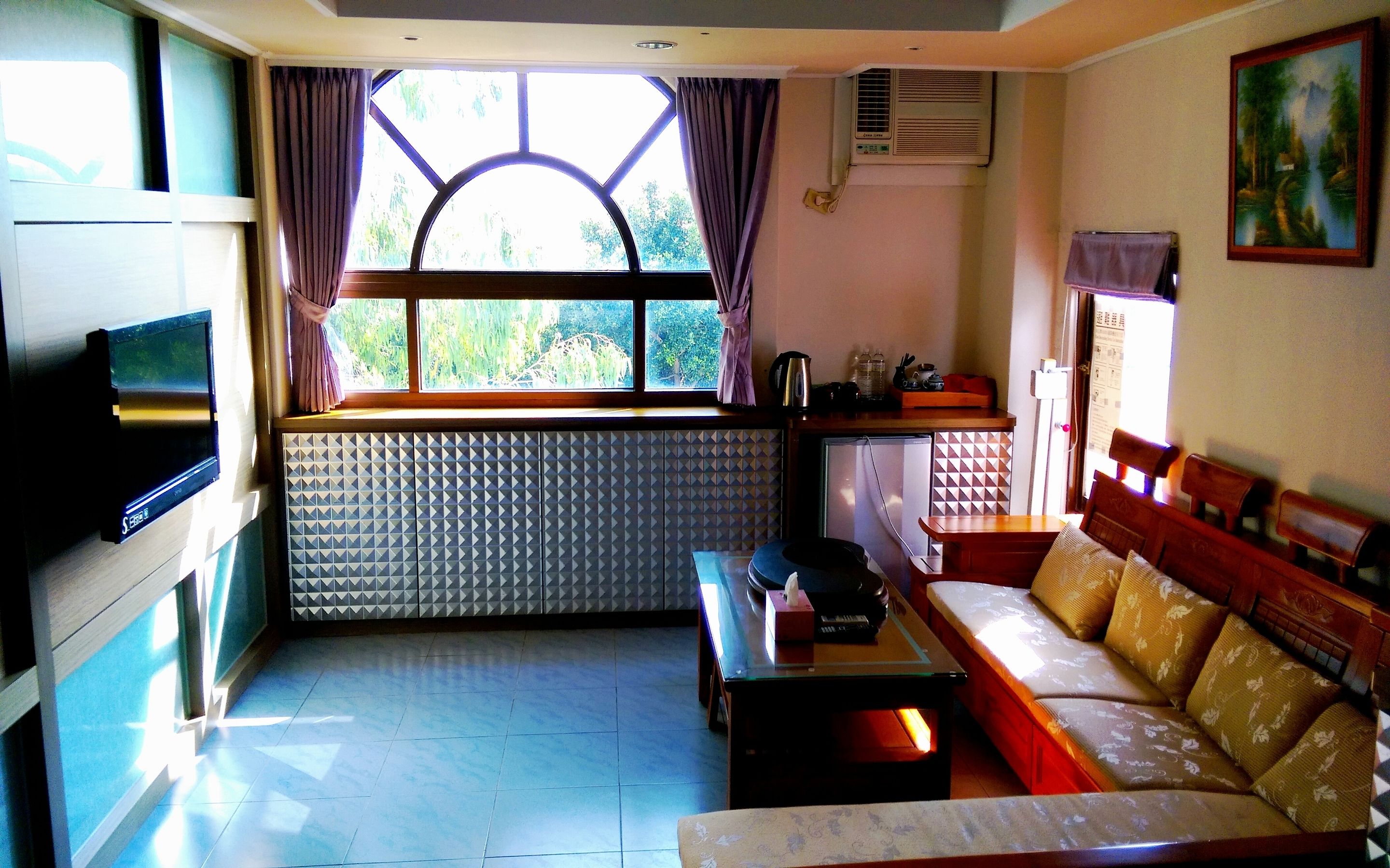Una sala de estar con un sofá, televisión, ventana con cortinas, radiador y un cuadro en la pared.