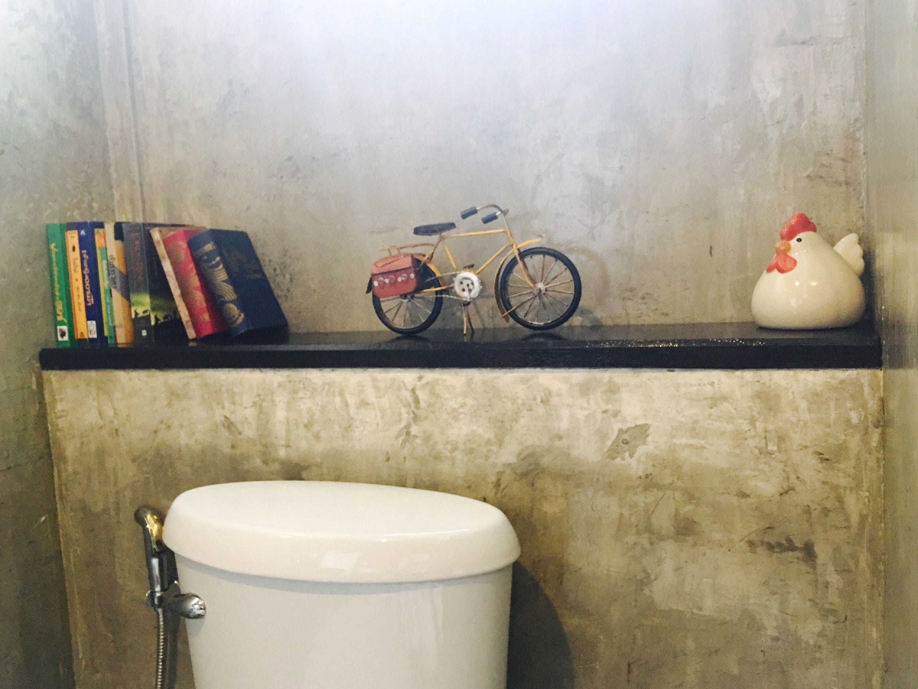 A bathroom with a toilet, a shelf with books and a bicycle, and a ceramic chicken.