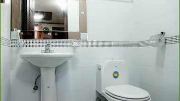 A bathroom with a white sink, toilet, and mirror.