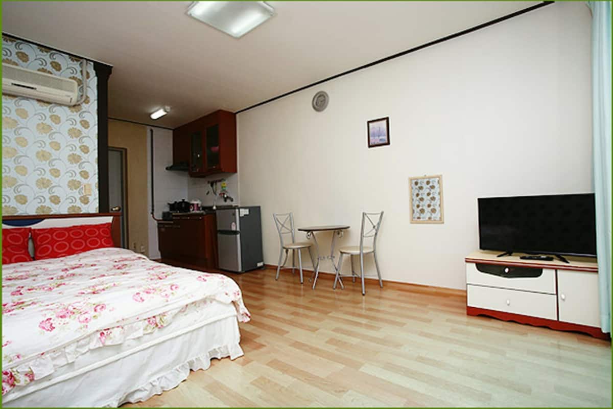 Une chambre avec un lit, une petite kitchenette, une télévision et un coin repas.