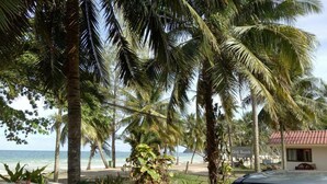 A beach view with palm trees, a car, and a building labeled "Chill Beach Resort". - Chill Beach Resort (Pathio)