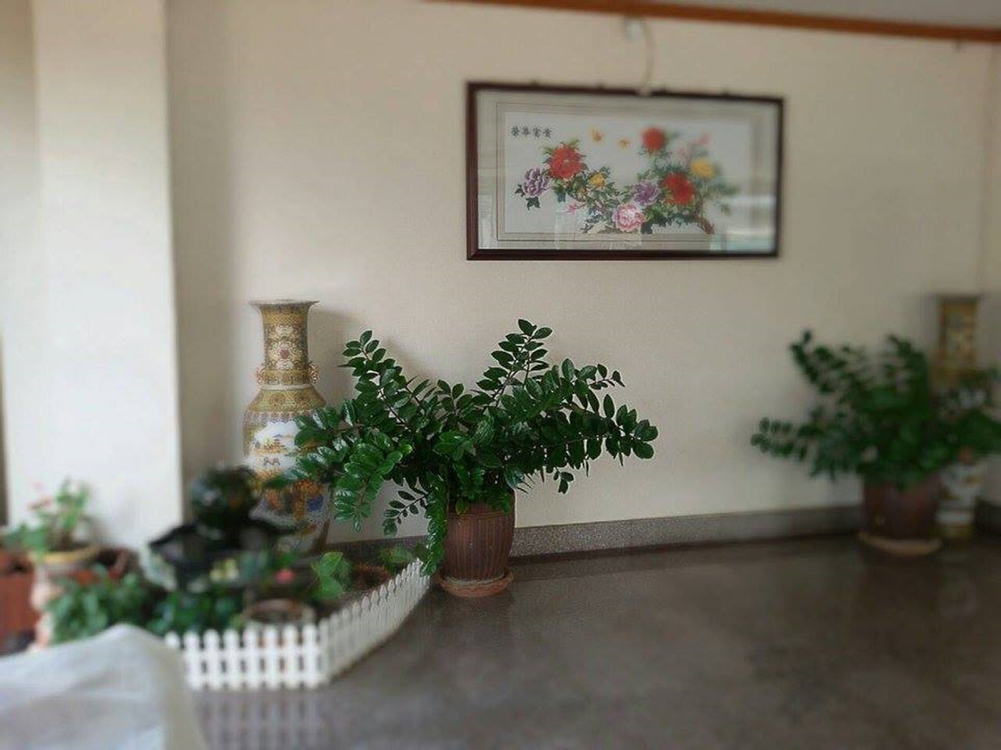 Una habitación con piso blanco, una obra de arte enmarcada en la pared y varias plantas en macetas.