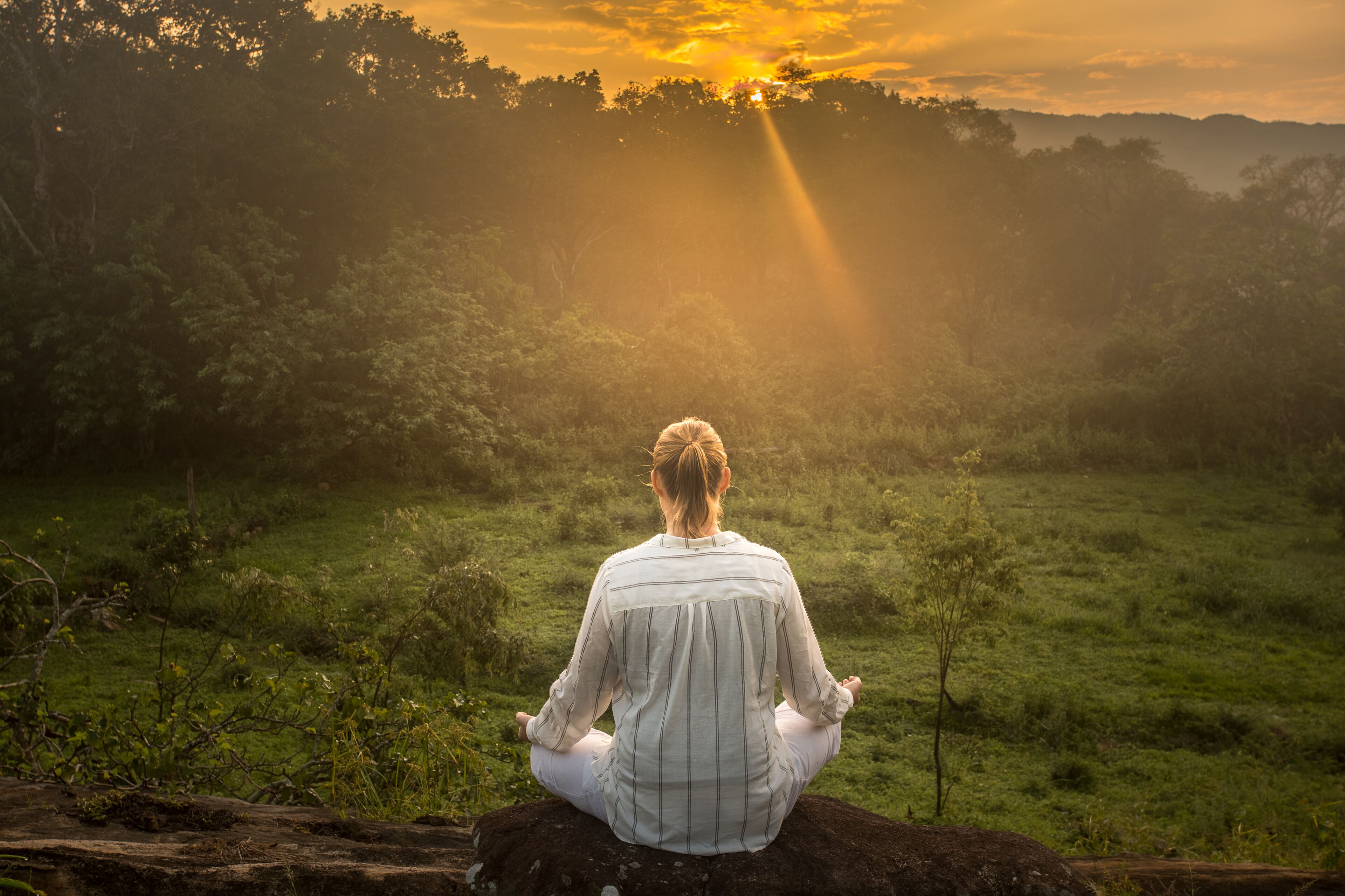 A person sitting on a rock in a grassy field with a sunset in the background.