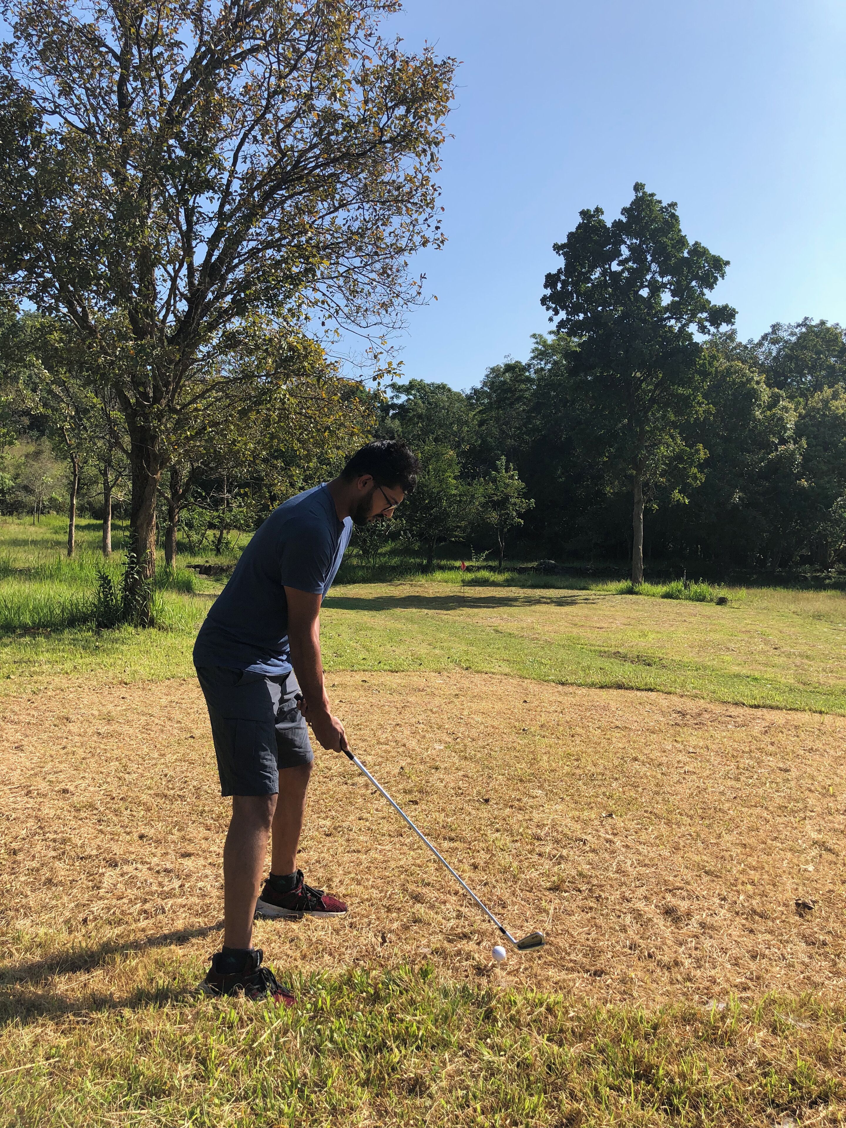 A person playing golf on a course with trees and grass.