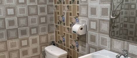 Un baño con inodoro, lavamanos y ducha.