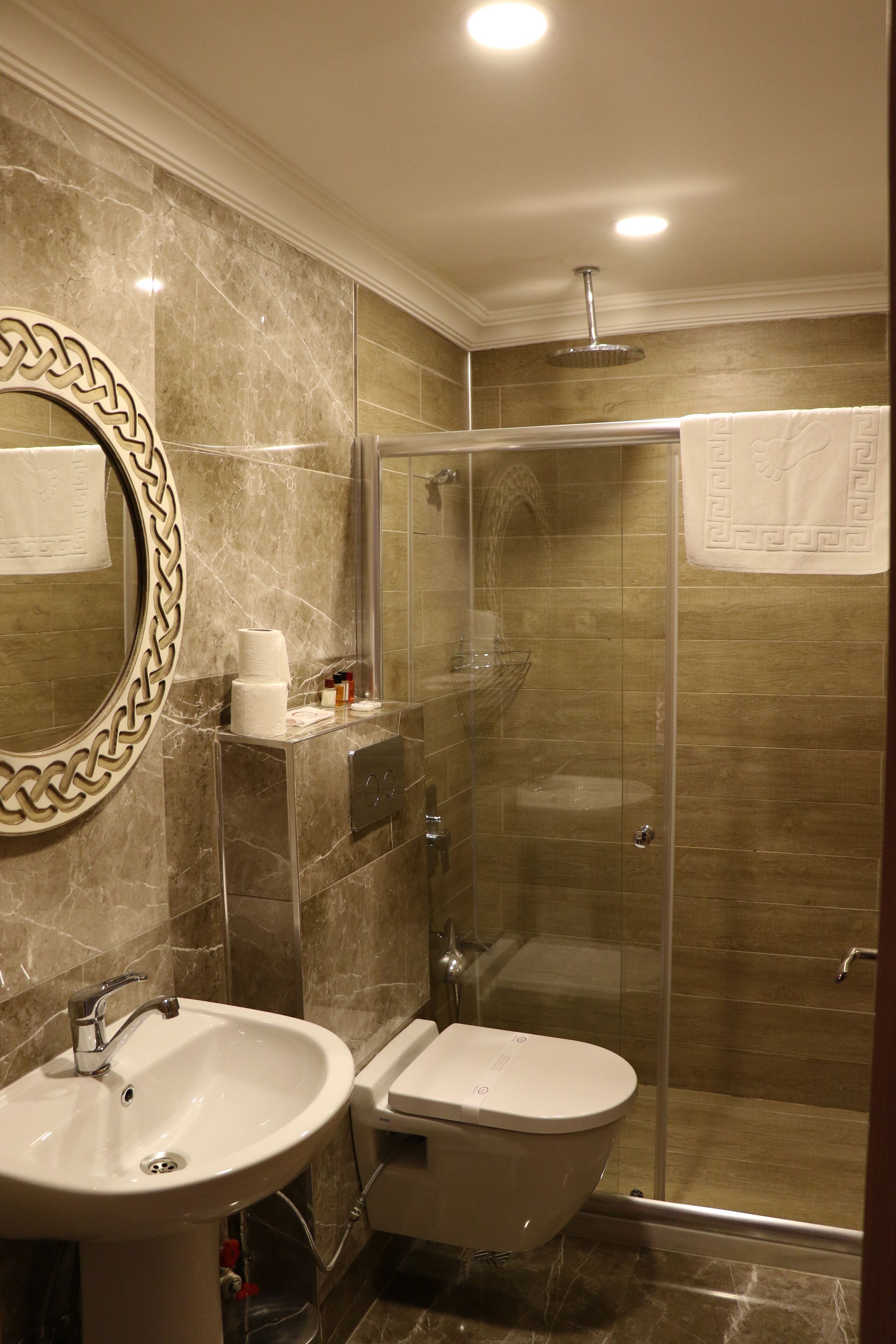 free toiletries, hair dryer, slippers, towels