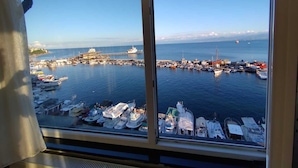 A view of a harbor with multiple boats docked and a large ship in the background. - Sinop Mola Otel (Sinop)