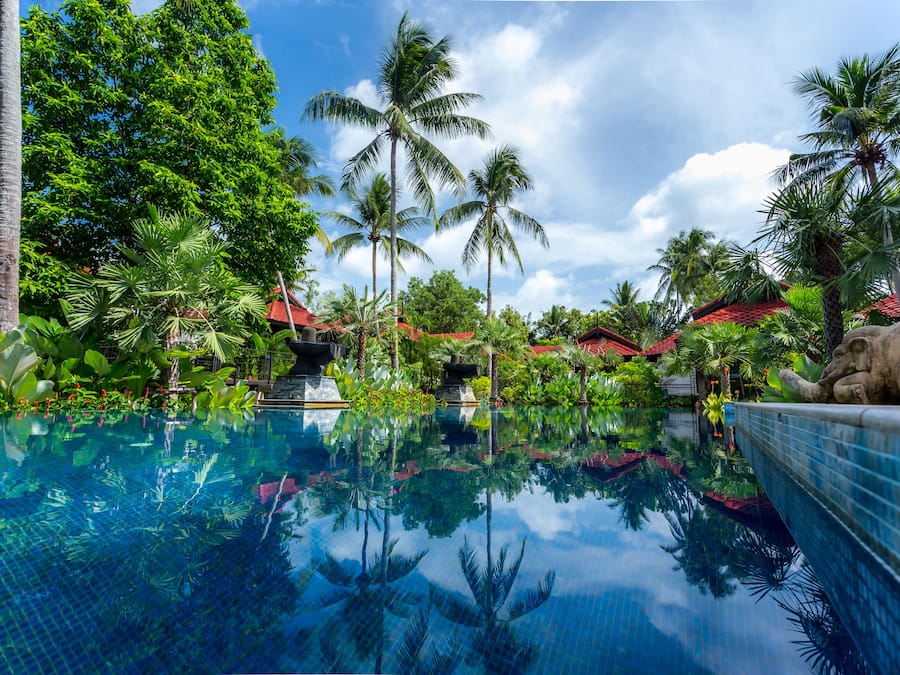 Una piscina al aire libre, sillones reclinables de piscina